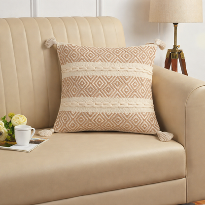 Handwoven Textured Cushion Cover with Tassels – Beige | 40x40 cm (16x16 Inch)