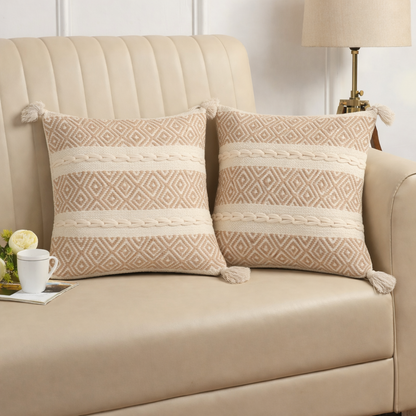 Handwoven Textured Cushion Cover with Tassels – Beige | 40x40 cm (16x16 Inch)