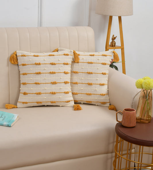 Handwoven Textured Cushion Cover with Tassels – Ivory & Mustard | 40x40 cm (16x16 Inch)