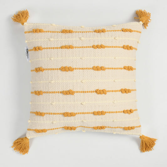 Handwoven Textured Cushion Cover with Tassels – Ivory & Mustard | 40x40 cm (16x16 Inch)