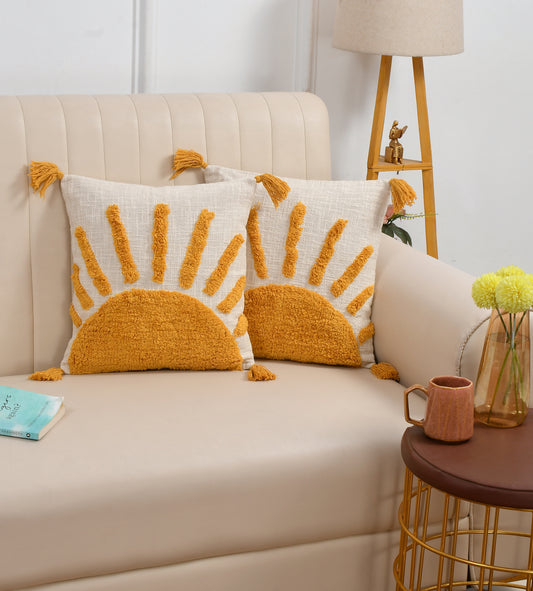Cotton Tufted Cushion Cover – 16x16 Inches (40x40 cm) | Boho Sun Design Pillow Cover