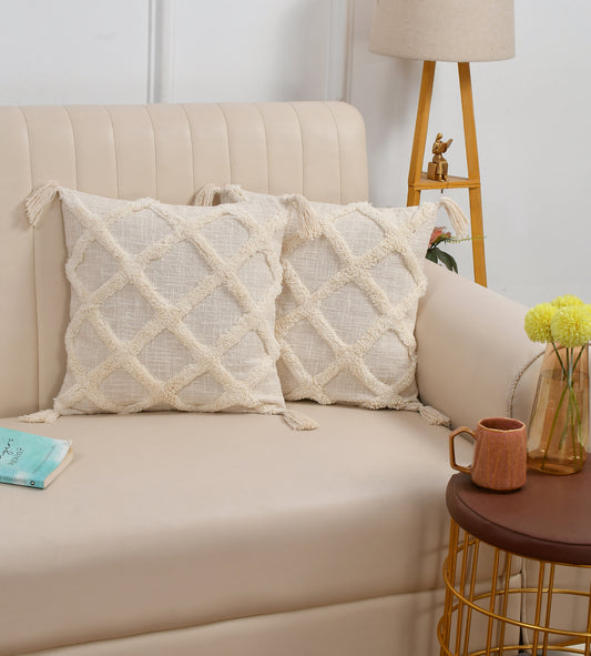Hand Tufted Cushion Cover with Tassels – Beige | 16x16 Inch (40x40 cm)