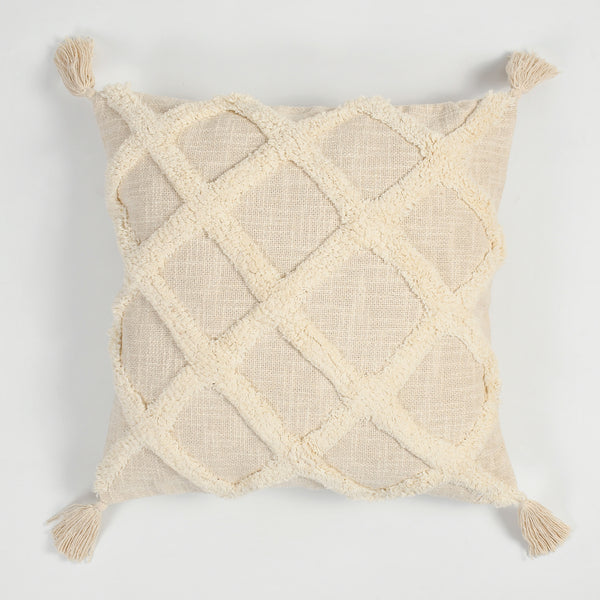 Hand Tufted Cushion Cover with Tassels – Beige | 16x16 Inch (40x40 cm)