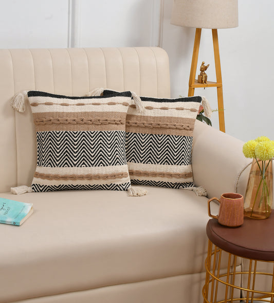 Boho Handwoven Cushion Cover – 16x16 Inch (40x40 cm) | Ethnic Black & Beige Decor Pillow Cover