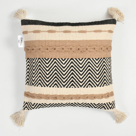 Boho Handwoven Cushion Cover – 16x16 Inch (40x40 cm) | Ethnic Black & Beige Decor Pillow Cover