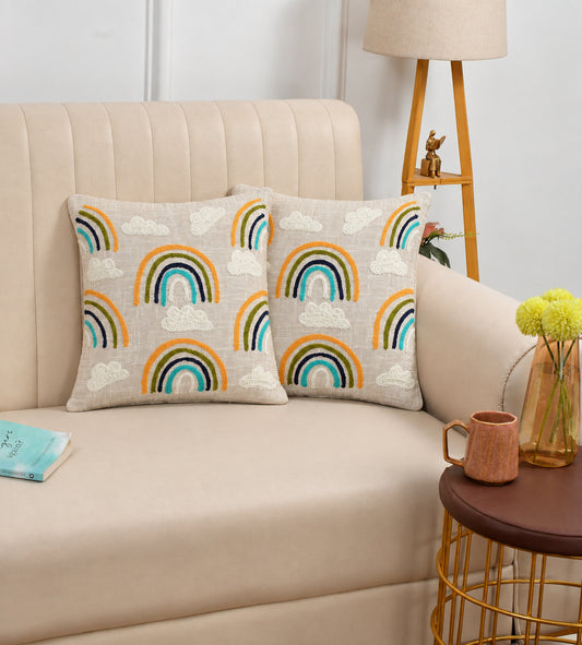 Rainbow Embroidered Cushion Covers – Boho Tufted Cotton Throw Pillow Covers
