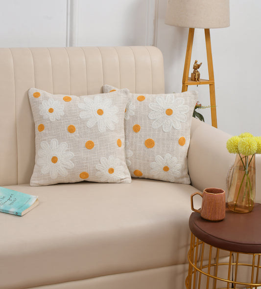 Daisy Tufted Cushion Cover – Floral Embroidered Cotton Throw Pillow Cover for Sofa & Bed