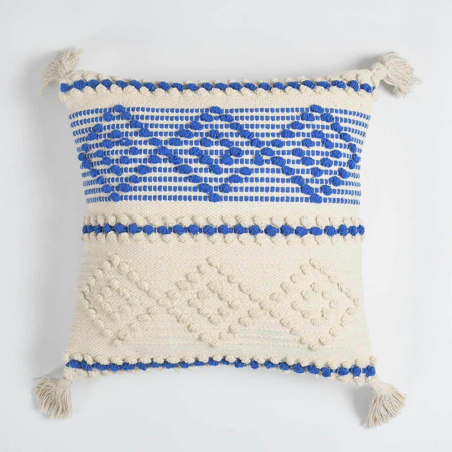 Handwoven Textured Cushion Cover with Tassels – Blue & Ivory | 40x40 cm (16x16 Inch)
