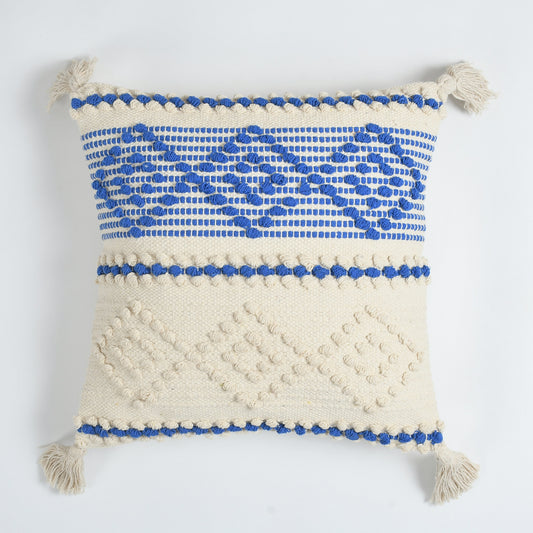 Handwoven Textured Cushion Cover with Tassels – Blue & Ivory | 40x40 cm (16x16 Inch)