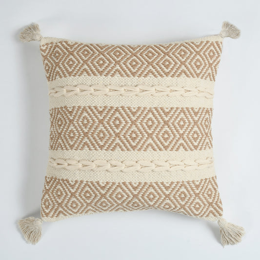 Handwoven Textured Cushion Cover with Tassels – Beige | 40x40 cm (16x16 Inch)