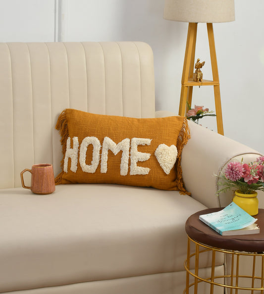 Tufted “HOME” Decorative Cushion Cover – Mustard Yellow | 30×50 cm