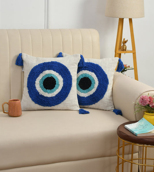 Tufted Evil Eye Cushion Cover 16x16 Inch (40x40 cm) | 100% Cotton Decorative Throw Pillow Cover with Tassels