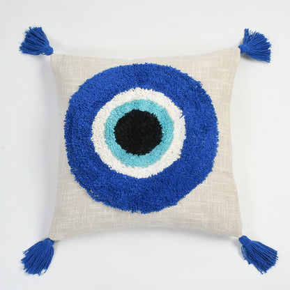 Tufted Evil Eye Cushion Cover 16x16 Inch (40x40 cm) | 100% Cotton Decorative Throw Pillow Cover with Tassels
