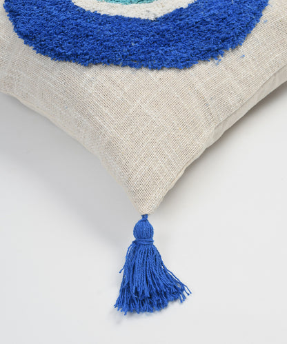Tufted Evil Eye Cushion Cover 16x16 Inch (40x40 cm) | 100% Cotton Decorative Throw Pillow Cover with Tassels