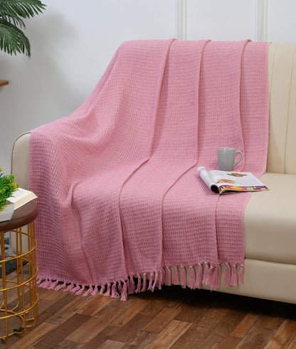 100% Cotton Waffle Throw Blanket 50x60 Inch (125x150 cm) | Soft Decorative Sofa Throw with Tassels | Pink