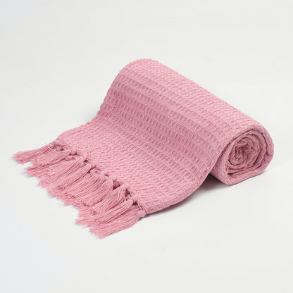 100% Cotton Waffle Throw Blanket 50x60 Inch (125x150 cm) | Soft Decorative Sofa Throw with Tassels | Pink