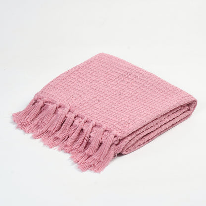 100% Cotton Waffle Throw Blanket 50x60 Inch (125x150 cm) | Soft Decorative Sofa Throw with Tassels | Pink