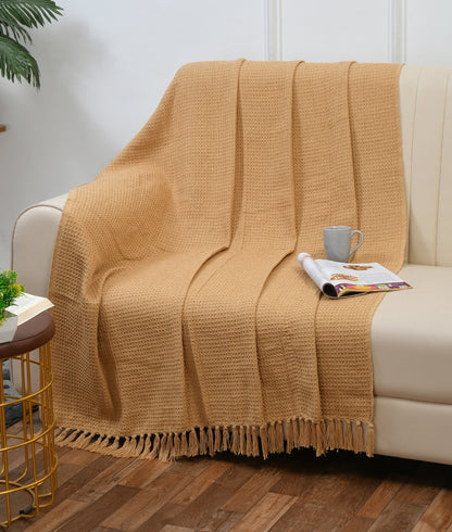 Weavers Hut 100% Cotton Waffle Throw Blanket with Tassels – Soft Breathable Sofa & Bed Throw for Couch, Living Room & Bedroom – Beige – 125 x 150 cm (50 x 60 Inches)