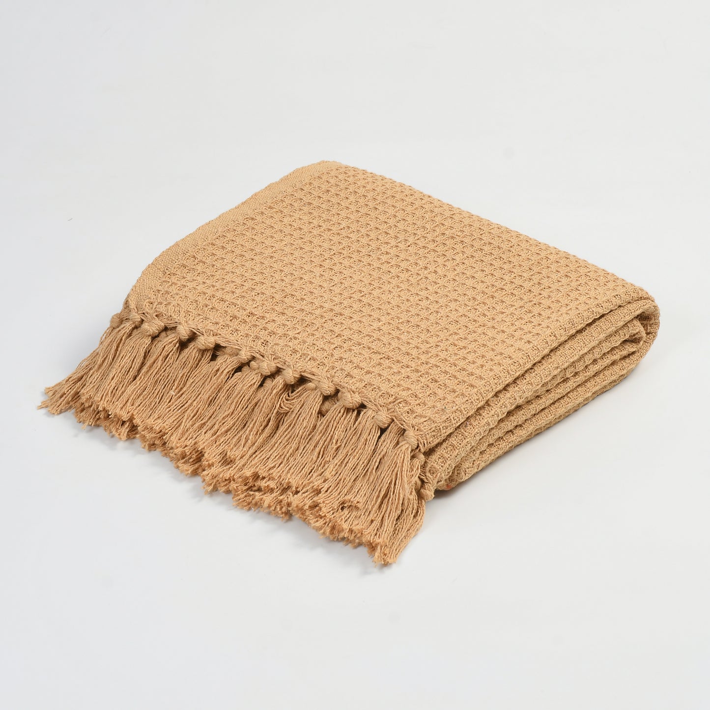 Weavers Hut 100% Cotton Waffle Throw Blanket with Tassels – Soft Breathable Sofa & Bed Throw for Couch, Living Room & Bedroom – Beige – 125 x 150 cm (50 x 60 Inches)