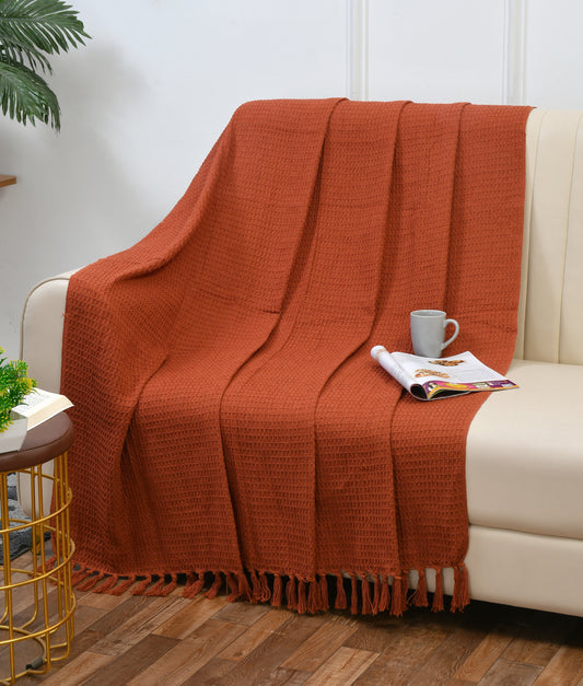 Weavers Hut 100% Cotton Waffle Throw Blanket with Tassels – Soft Breathable Sofa & Bed Throw for Couch, Living Room & Bedroom – Rust – 125 x 150 cm (50 x 60 Inches)