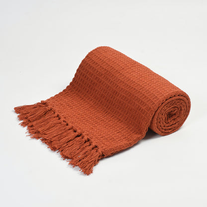 Weavers Hut 100% Cotton Waffle Throw Blanket with Tassels – Soft Breathable Sofa & Bed Throw for Couch, Living Room & Bedroom – Rust – 125 x 150 cm (50 x 60 Inches)