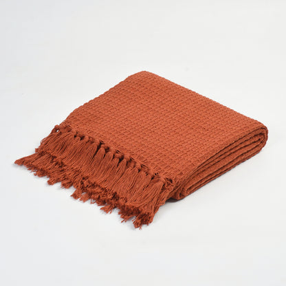 Weavers Hut 100% Cotton Waffle Throw Blanket with Tassels – Soft Breathable Sofa & Bed Throw for Couch, Living Room & Bedroom – Rust – 125 x 150 cm (50 x 60 Inches)