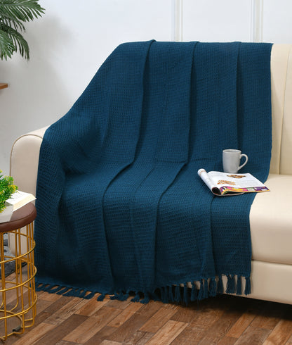 Weavers Hut 100% Cotton Waffle Throw Blanket with Tassels – Soft Breathable Sofa & Bed Throw for Couch, Living Room & Bedroom – Emerald Green – 125 x 150 cm (50 x 60 Inches)