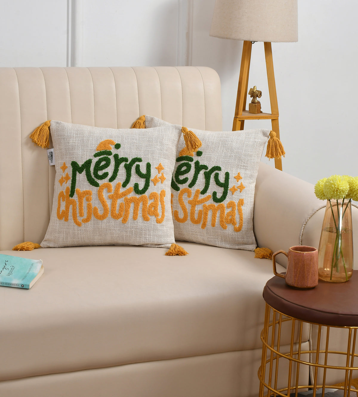 Merry Christmas Tufted Embroidered Cushion Cover with Tassels – 16 x 16 Inch