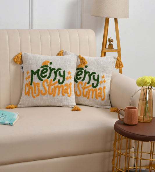 Merry Christmas Tufted Embroidered Cushion Cover with Tassels – 16 x 16 Inch