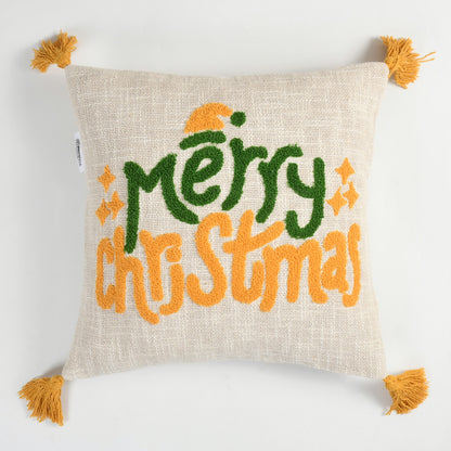 Merry Christmas Tufted Embroidered Cushion Cover with Tassels – 16 x 16 Inch
