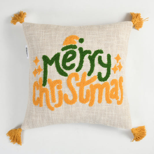 Merry Christmas Tufted Embroidered Cushion Cover with Tassels – 16 x 16 Inch