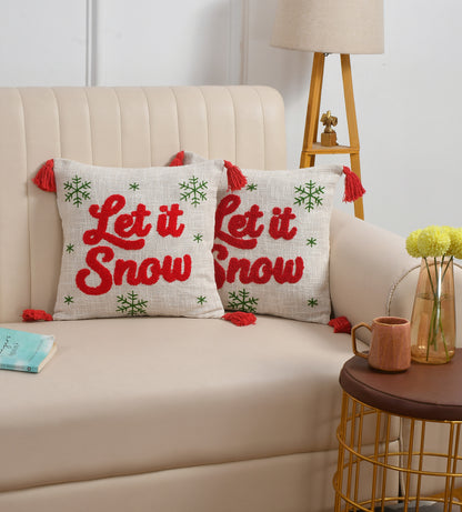 Let It Snow Tufted Christmas Cushion Cover with Tassels – 16 x 16 Inch