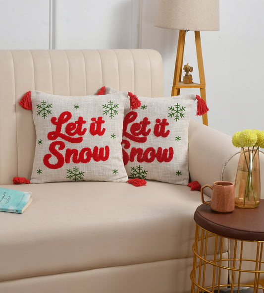 Let It Snow Tufted Christmas Cushion Cover with Tassels – 16 x 16 Inch