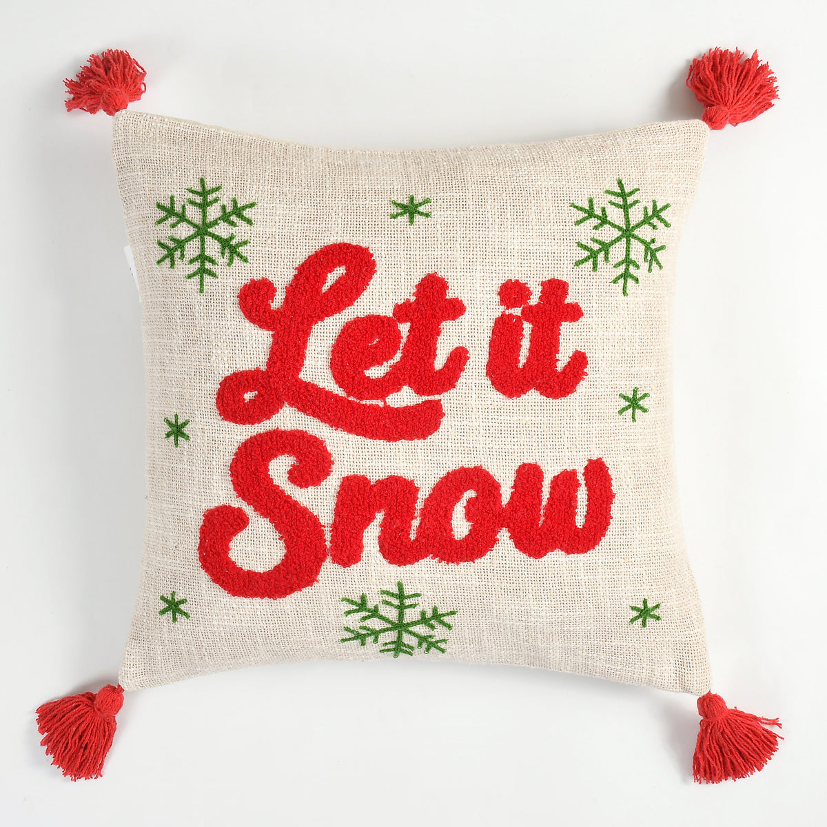 Let It Snow Tufted Christmas Cushion Cover with Tassels – 16 x 16 Inch