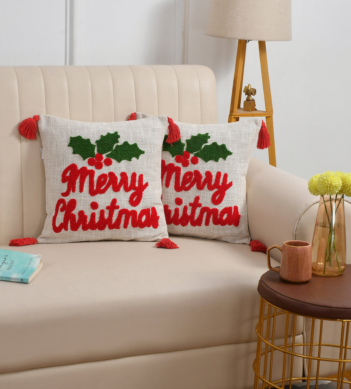 Merry Christmas Tufted Cushion Cover with Holly Embroidery & Tassels – 16 x 16 Inch