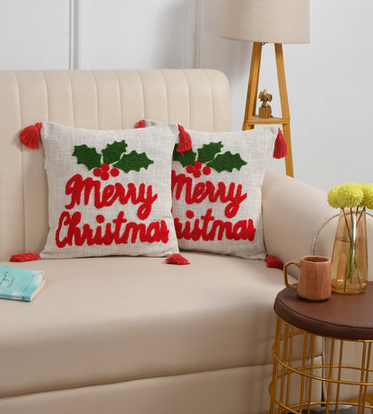 Merry Christmas Tufted Cushion Cover with Holly Embroidery & Tassels – 16 x 16 Inch