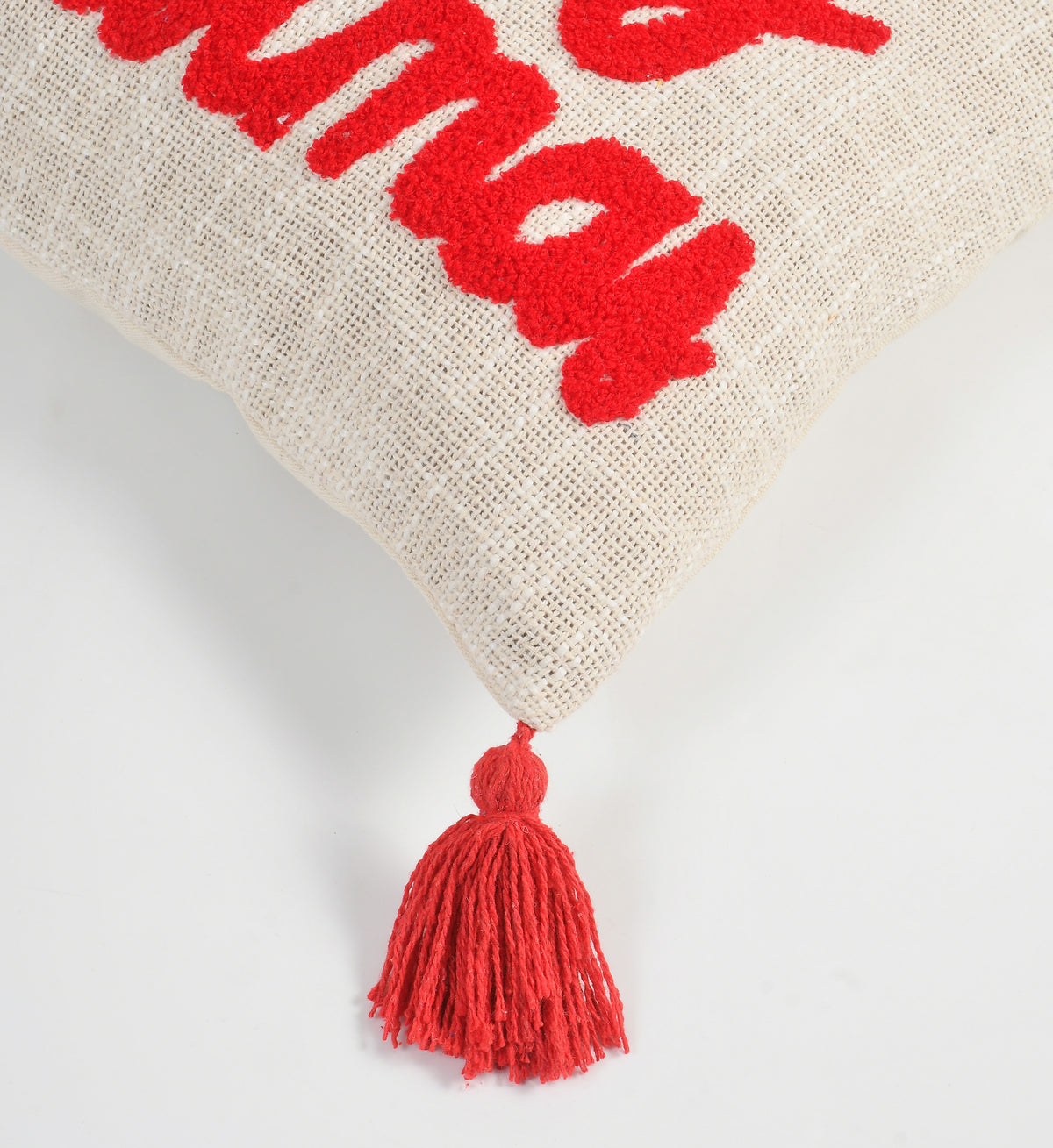 Merry Christmas Tufted Cushion Cover with Holly Embroidery & Tassels – 16 x 16 Inch
