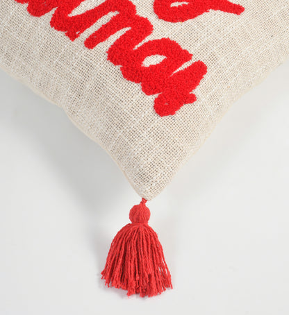 Merry Christmas Tufted Cushion Cover with Holly Embroidery & Tassels – 16 x 16 Inch