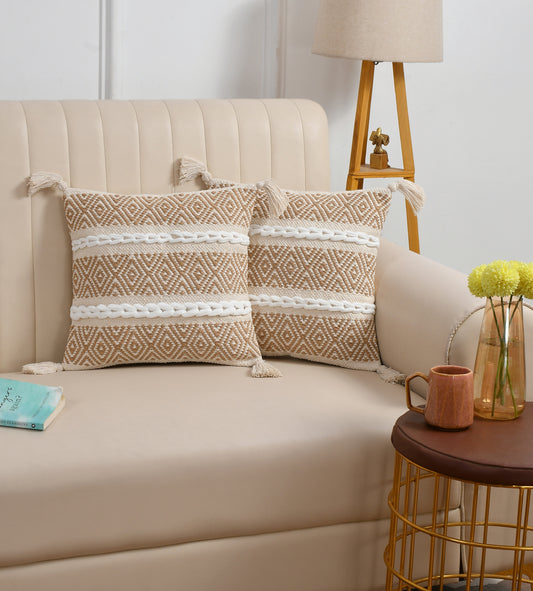 Handwoven Textured Cushion Cover with Tassels – Beige | 40x40 cm (16x16 Inch)