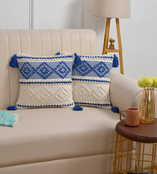 Handwoven Textured Cushion Cover with Tassels – Blue & Ivory | 40x40 cm (16x16 Inch)