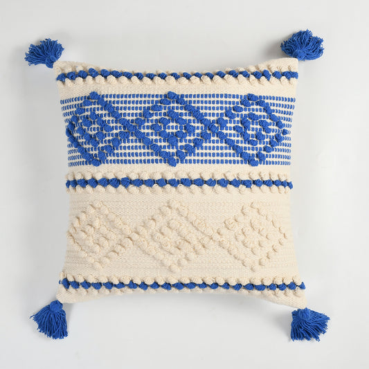 Handwoven Textured Cushion Cover with Tassels – Blue & Ivory | 40x40 cm (16x16 Inch)