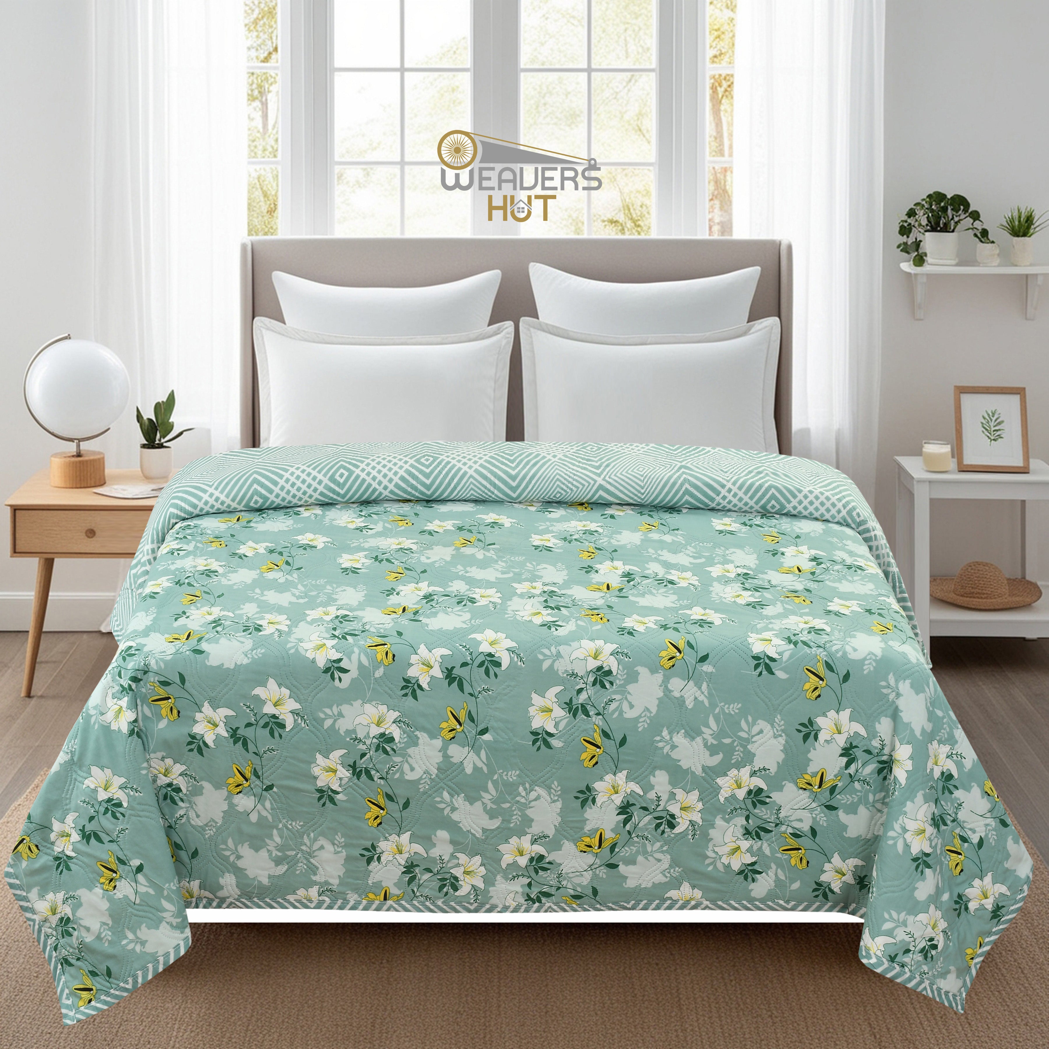 Ultrasonic Quilted Reversible Comforter – Floral Mint Green | 75×90 inches
