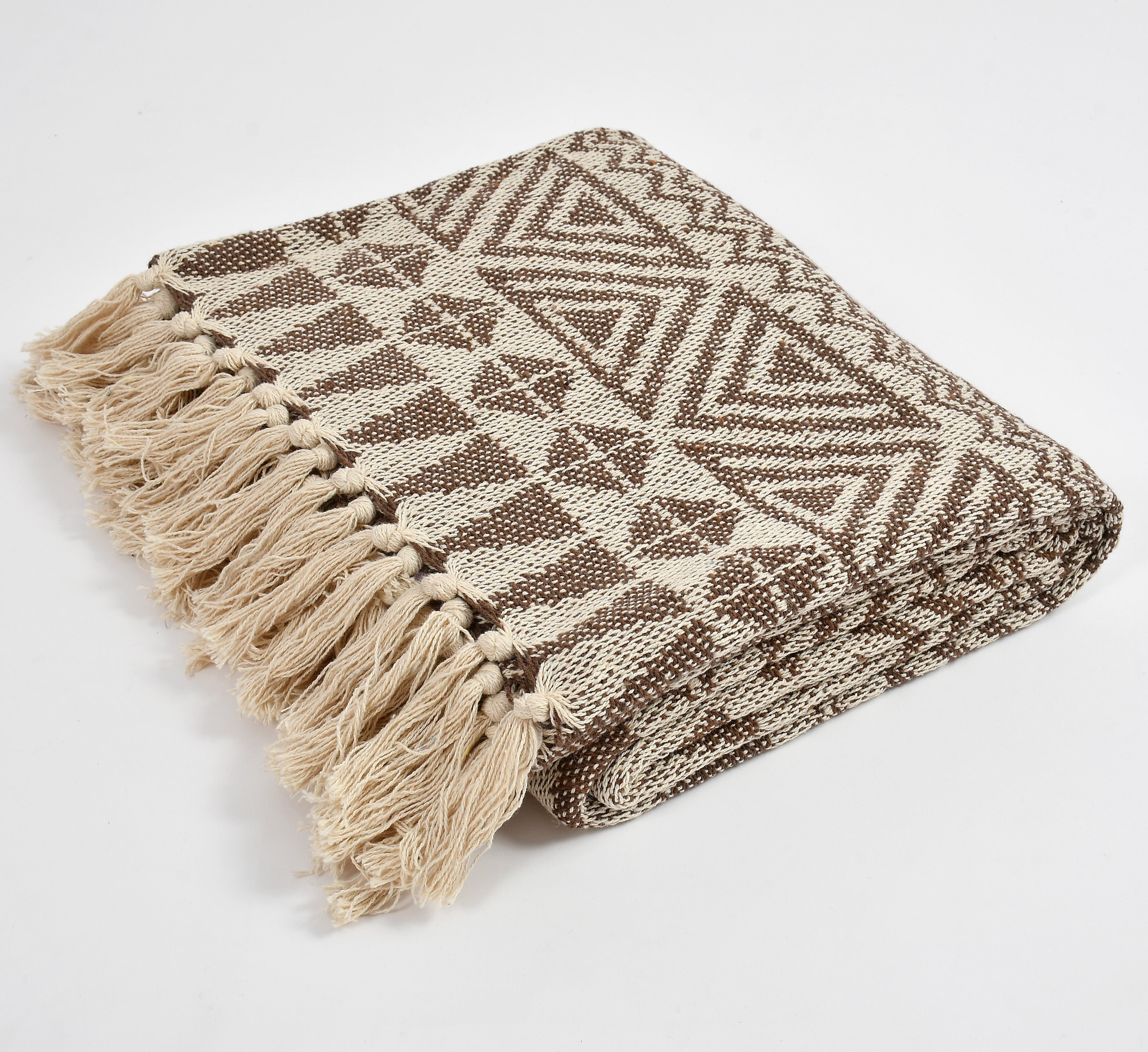 Geometric Jacquard Cotton Throw with Tassels – Beige & Brown | 125×150 cm
