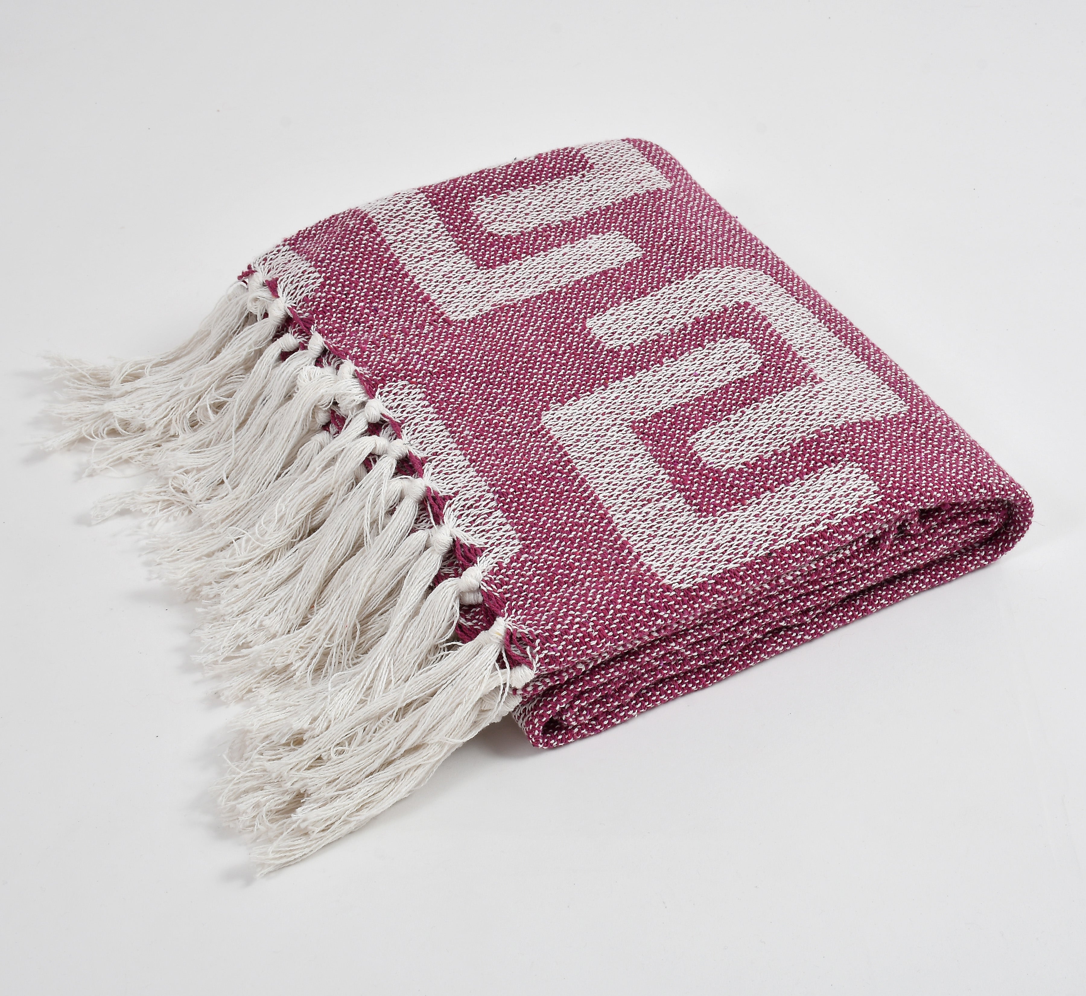 Cotton Handwoven Sofa Throw with Tassels – Pink & White Geometric Pattern | 125×150 cm | Weavers Hut