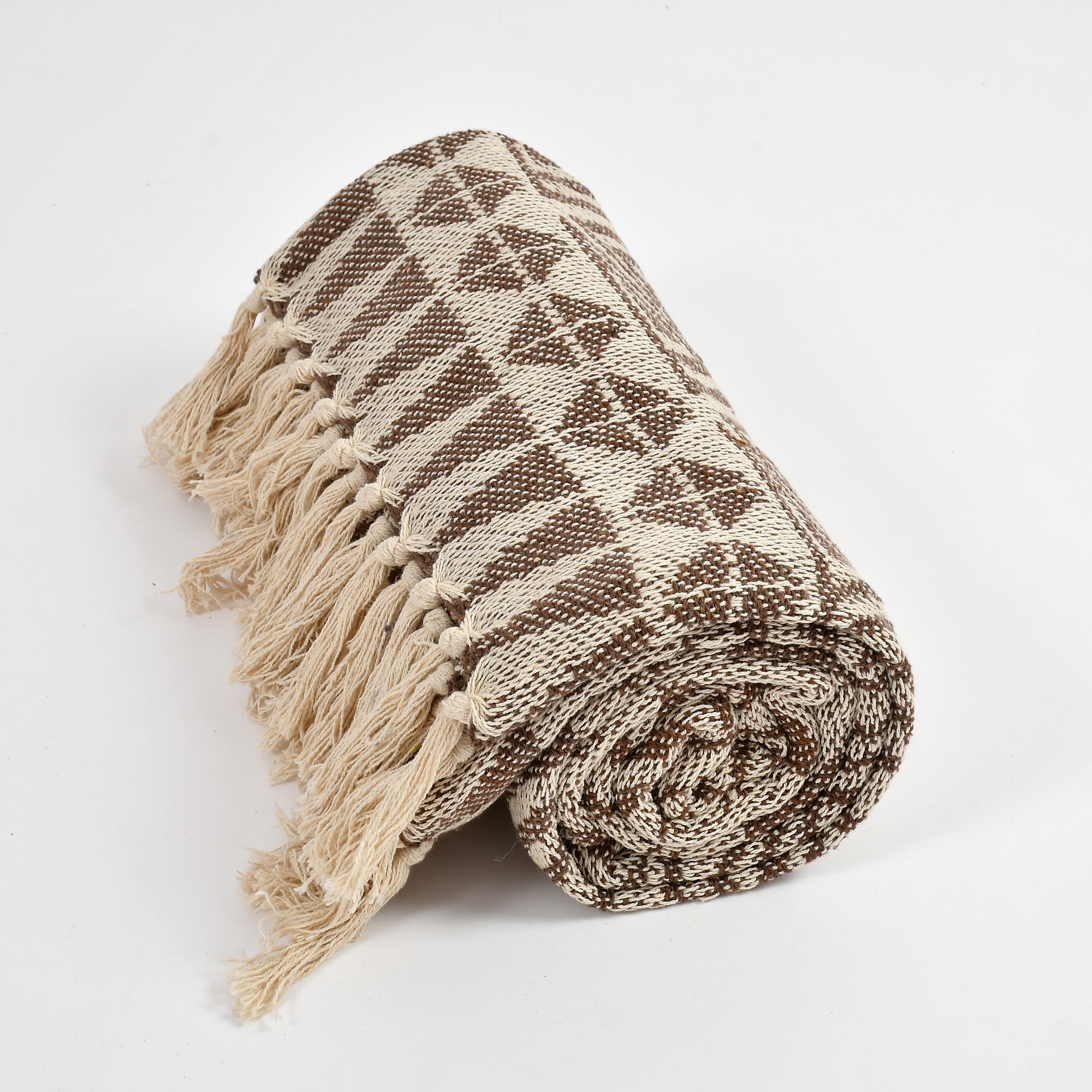 Geometric Jacquard Cotton Throw with Tassels – Beige & Brown | 125×150 cm