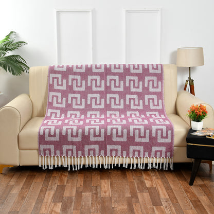 Pink & White Geometric Sofa Throw with Tassels – 125×150 cm