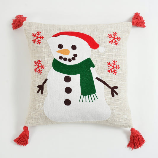 Snowman Christmas Tufted Cushion Cover with Red Tassels – 16 x 16 Inch