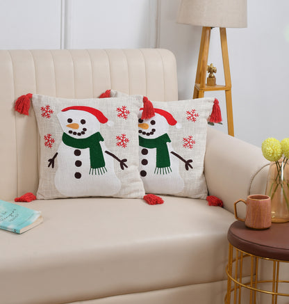 Snowman Christmas Tufted Cushion Cover with Red Tassels – 16 x 16 Inch