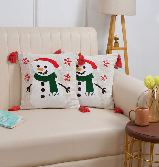 Snowman Christmas Tufted Cushion Cover with Red Tassels – 16 x 16 Inch