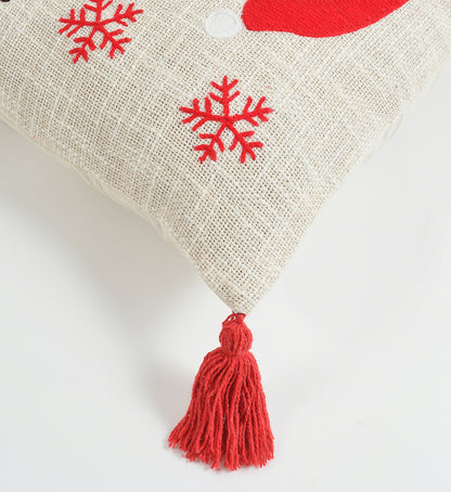 Snowman Christmas Tufted Cushion Cover with Red Tassels – 16 x 16 Inch